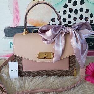 Aldo Thyrrni Pink Autre Rose Mauve Brown Logo Print Bow Tie Satchel